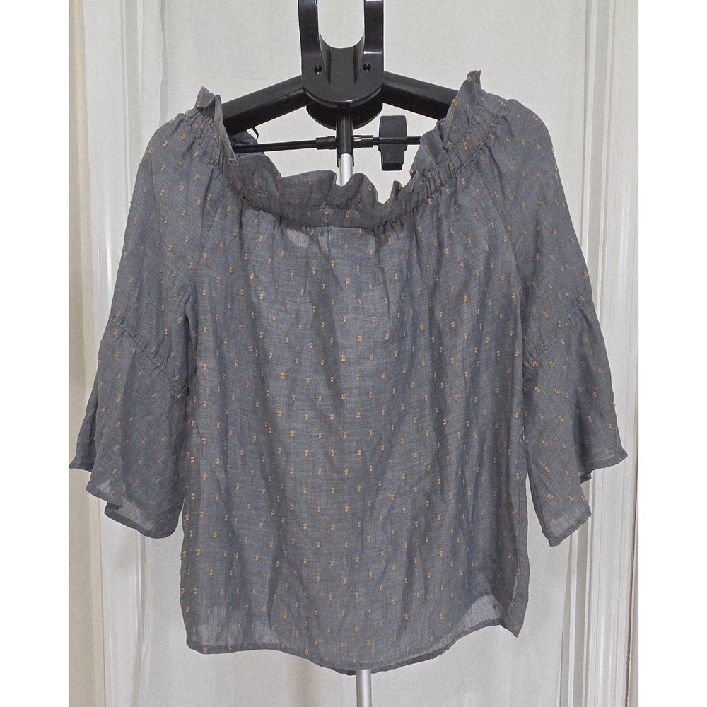 Bobeau Martha Off The Shoulder Boho Chambray Clip Dot Top Blue Yellow Medium - Picture 6 of 8
